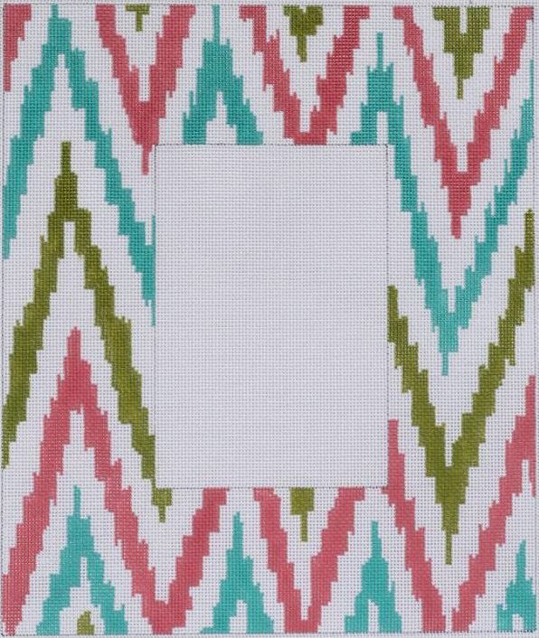 Kate Dickerson Needlepoint Collections Large Ikat Zigzag Frame - Cyan, Pink, Green Needlepoint Canvas