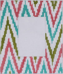 Kate Dickerson Needlepoint Collections Large Ikat Zigzag Frame - Cyan, Pink, Green Needlepoint Canvas