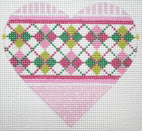 Kate Dickerson Needlepoint Collections Argyle Pinks & Greens Mini Heart Needlepoint Canvas