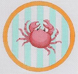 Kate Dickerson Needlepoint Collections Crab On Aqua Mini Round Needlepoint Canvas