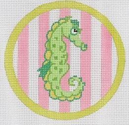 Kate Dickerson Needlepoint Collections Seahorse On Pink Mini Round Needlepoint Canvas