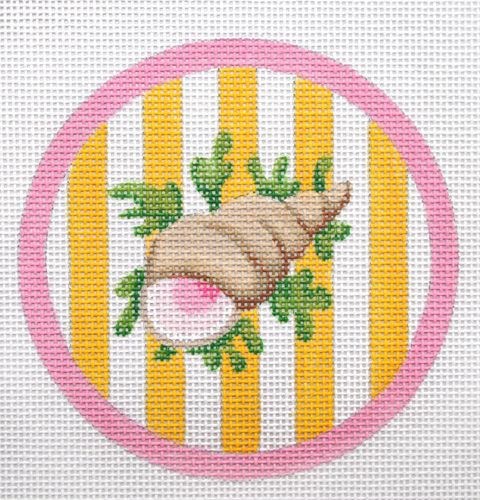 Kate Dickerson Needlepoint Collections Snail On Pink Mini Round Needlepoint Canvas