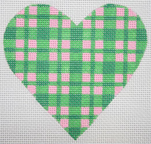 Kate Dickerson Needlepoint Collections Plaid Mini Heart - Greens on Pink Needlepoint Canvas