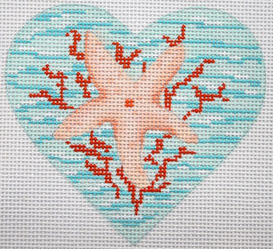 Kate Dickerson Needlepoint Collections Starfish & Coral On Sea Heart Needlepoint Canvas