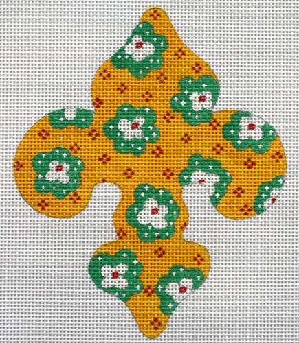 Kate Dickerson Needlepoint Collections Mini Fleur-De-Lys Provençal Flowers Green & Red on Yellow May Needlepoint Canvas