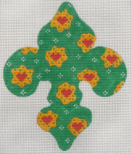 Kate Dickerson Needlepoint Collections Mini Fleur-De-Lys Provençal Heart Flowers Green Yellow & Coral July Needlepoint Canvas