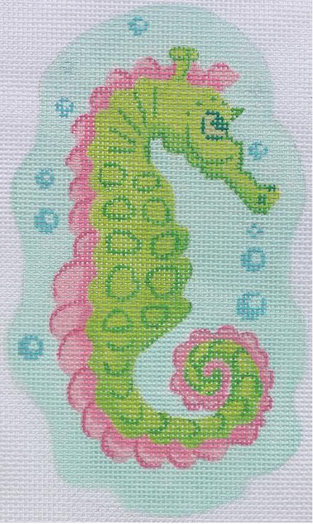 Kate Dickerson Needlepoint Collections Pink & Green Seahorse with Bubbles Needlepoint Canvas