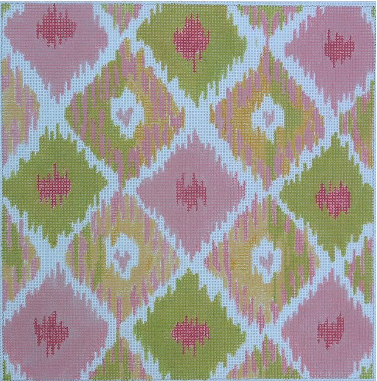 Kate Dickerson Needlepoint Collections Ikat Diamonds with Hearts - Greens & Pinks Needlepoint Canvas