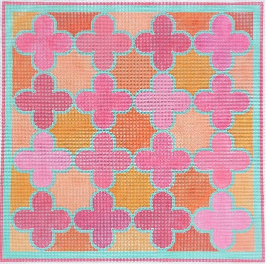 Kate Dickerson Needlepoint Collections Moroccan Tiles Quatrefoils Pinks Oranges and Turquoise Needlepoint Canvas