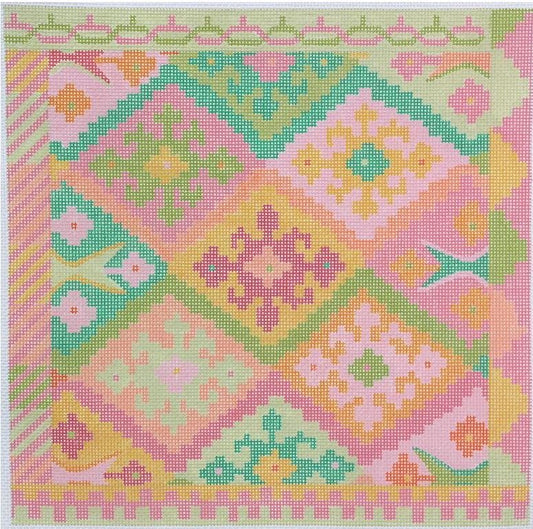 Kate Dickerson Needlepoint Collections Kilim Square with Diamonds - Oranges & Greens Needlepoint Canvas