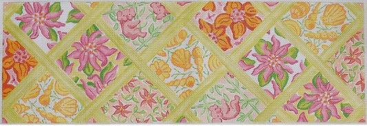 Kate Dickerson Needlepoint Collections Long Rect Lilly Lattice - Yellow, Pinks, Corals & Greens Needlepoint Canvas