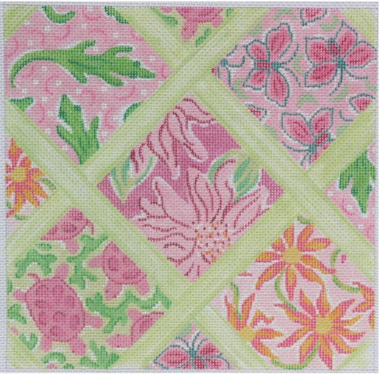 Kate Dickerson Needlepoint Collections Medium Square Lilly Lattice - Pinks & Greens Needlepoint Canvas