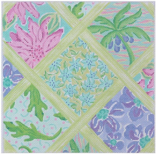 Kate Dickerson Needlepoint Collections Medium Square Lilly Lattice - Turquoise, Periwinkle, Violet & Greens Needlepoint Canvas