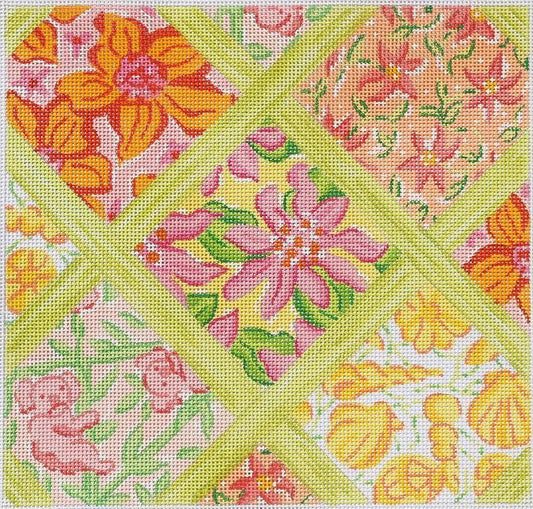Kate Dickerson Needlepoint Collections Medium Square Lilly Lattice - Yellows, Pinks, Crimsons, Greens Needlepoint Canvas