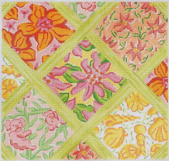 Kate Dickerson Needlepoint Collections Medium Square Lilly Lattice - Yellows, Pinks, Crimsons, Greens Needlepoint Canvas