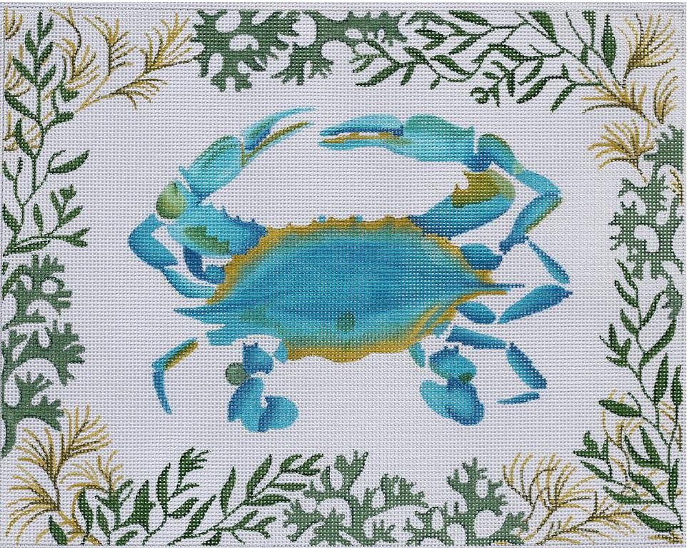 Kate Dickerson Needlepoint Collections Blue Crab with Mixed Seaweeds Needlepoint Canvas