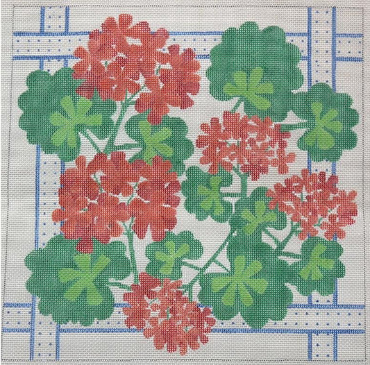 Kate Dickerson Needlepoint Collections Geraniums Square with Ribbons Needlepoint Canvas