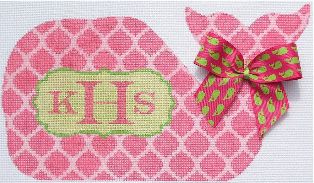 Kate Dickerson Needlepoint Collections Medium Whale Quatrefoil Damask with Monogram Space Pinks and Greens Needlepoint Canvas