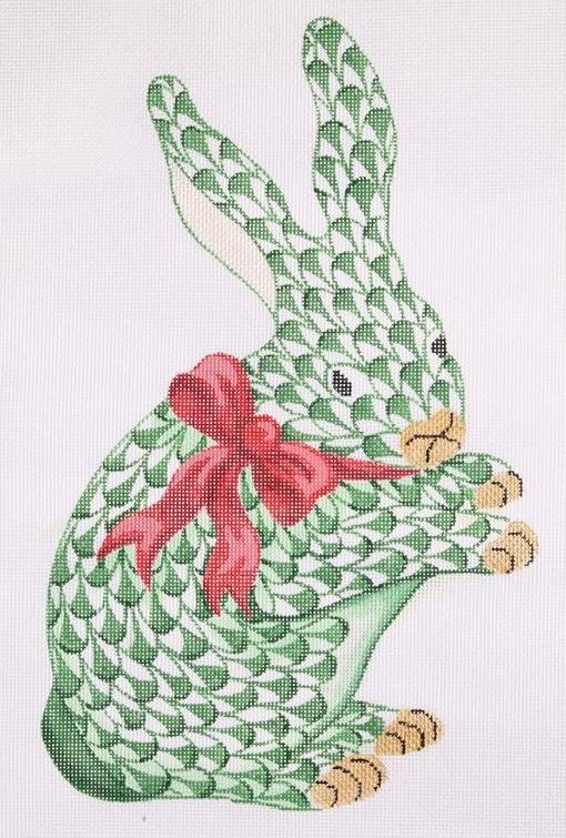 Kate Dickerson Needlepoint Collections Fishnet Bunny with Bow Standing Needlepoint Canvas