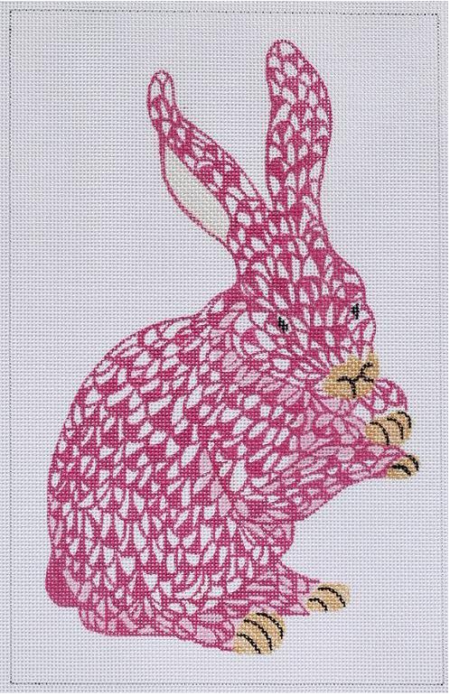 Kate Dickerson Needlepoint Collections Standing Fishnet Bunny - Raspberry & Gold Needlepoint Canvas