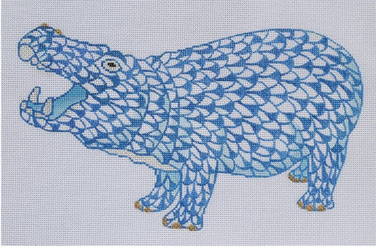 Kate Dickerson Needlepoint Collections Fishnet Hippo Blue & Gold Needlepoint Canvas