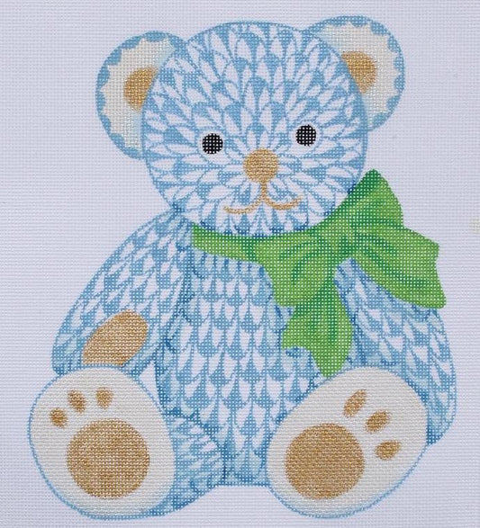 Kate Dickerson Needlepoint Collections Fishnet Teddy Bear Blue & Gold Needlepoint Canvas