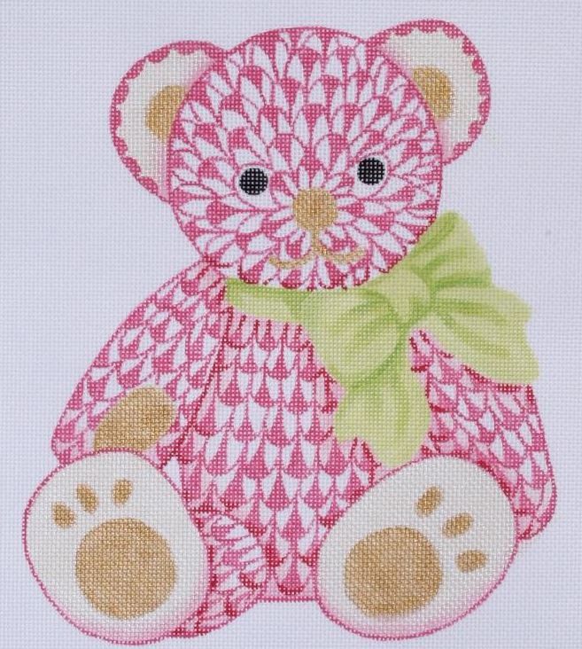 Kate Dickerson Needlepoint Collections Fishnet Teddy Bear - Pink & Gold Needlepoint Canvas