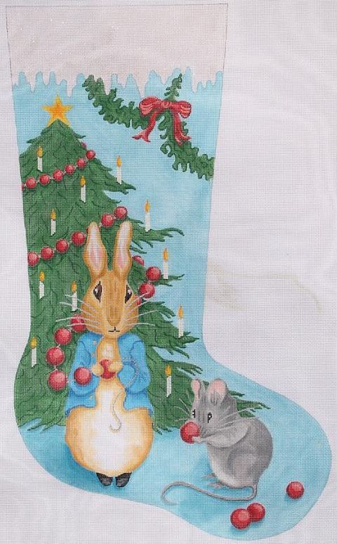 Kate Dickerson Needlepoint Collections Bunny & Mouse with Christmas Tree Needlepoint Canvas