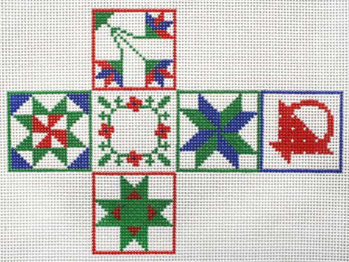 Kate Dickerson Needlepoint Collections Cube with Quilt Patterns #1 - Red, Blue, Green Needlepoint Canvas