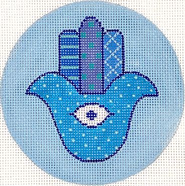 Kate Dickerson Needlepoint Collections Hannukah Round Hamsa Hand with Protective Eye Mixed Blues and Sparkly White on Light Blue Needlepoint Canvas