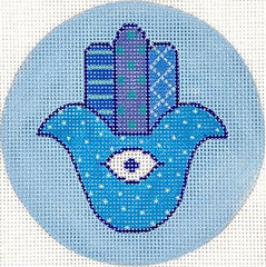 Kate Dickerson Needlepoint Collections Hannukah Round Hamsa Hand with Protective Eye Mixed Blues and Sparkly White on Light Blue Needlepoint Canvas