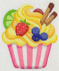 Kate Dickerson Needlepoint Collections Mini Sweet Treat Lemon Cupcake with Fruits In A Pink and White Cup Needlepoint Canvas