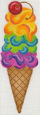 Kate Dickerson Needlepoint Collections Mini Sweet Treat Rainbow Swirly Triple Scoop Ice Cream Cone with Cherry Needlepoint Canvas