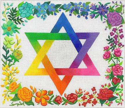 Kate Dickerson Needlepoint Collections Tallis Bag Rainbow Floral Star Of David No Dove Multi on White Needlepoint Canvas