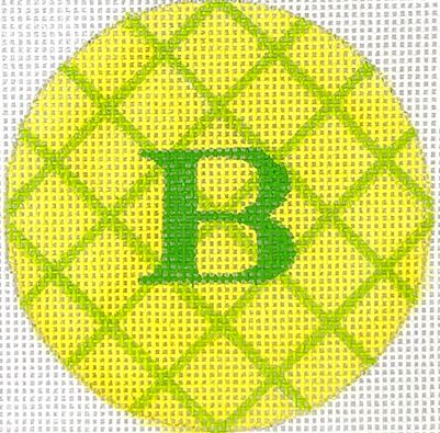 Kate Dickerson Needlepoint Collections Bright Disk Letter Criss Cross Lemon with Lime with Bright Green Letter Specify Letter Or Blank Needlepoint Canvas