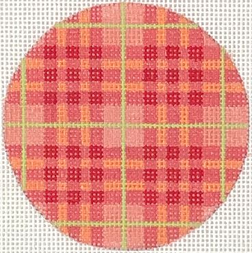 Kate Dickerson Needlepoint Collections Bright Disk Letter Madras Plaid Watermelon Cantaloupe and Honeydew with White Letter Specify Letter Or Blank Needlepoint Canvas