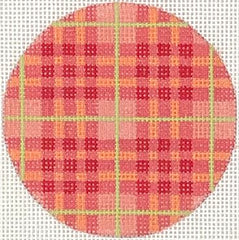 Kate Dickerson Needlepoint Collections Bright Disk Letter Madras Plaid Watermelon Cantaloupe and Honeydew with White Letter Specify Letter Or Blank Needlepoint Canvas