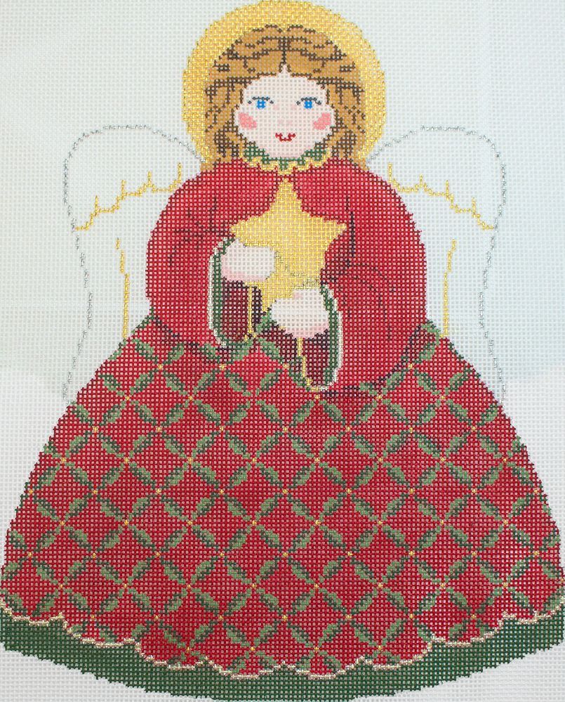 Susan Roberts Needlepoint Red and Green Star Angel Front Tree Topper Needlepoint Canvas