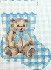 Susan Roberts Needlepoint Gingham Teddy Blue Mini Stocking Needlepoint Canvas