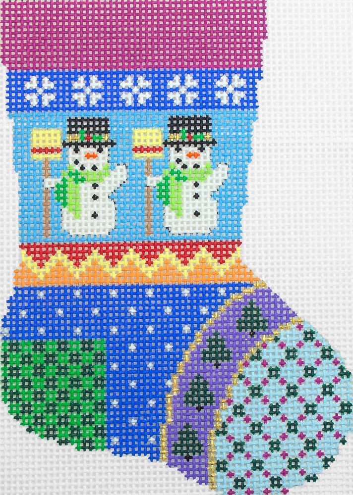 Susan Roberts Needlepoint Patchwork Snowmen Mini Stocking Needlepoint Canvas