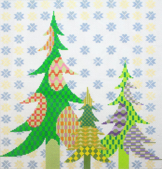 Pajamas & Chocolate Patchwork Christmas Trees Needlepoint Canvas