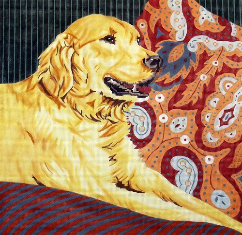 Barbara Russell Golden Retriever Dog with Paisley Background Needlepoint Canvas