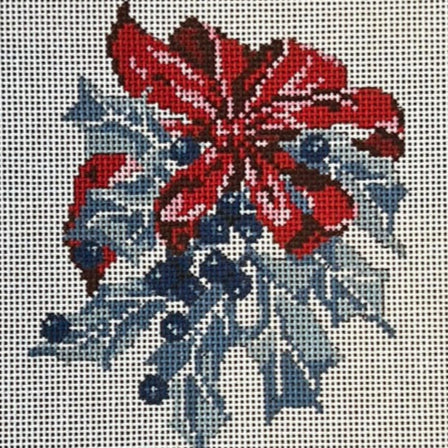 The Gingham Stitchery Kate Woodward Blue Holly With Red Bow Needlepoint Canvas