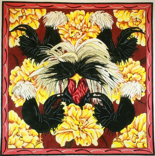 Barbara Russell Five Black Crested Fowl and Flowers Needlepoint Canvas