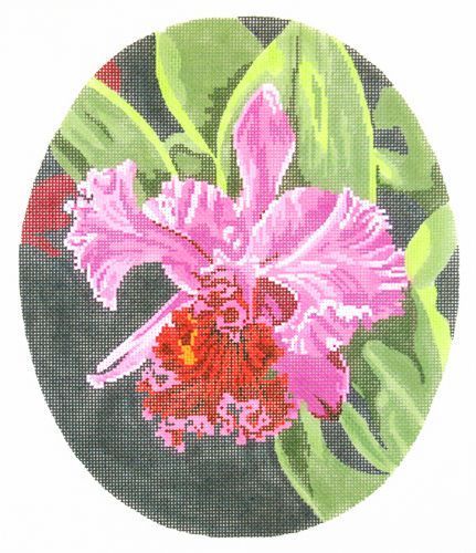 Barbara Russell Orchid Flower Oval Needlepoint Canvas