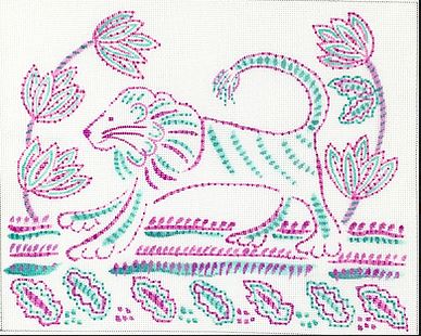 Kate Dickerson Needlepoint Collections Jilly Walsh Indian Textile Inspired Tiger with Flowers and Leaves Needlepoint Canvas
