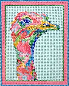 Kate Dickerson Needlepoint Collections Megan Carn Ostrich Pinks Greens Blues and Golden Yellows Needlepoint Canvas