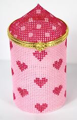 Kate Dickerson Needlepoint Collections Hinged Box Petite Round Hearts and Small Dots Bubblegum Pink and Raspberry Gold Clasp Needlepoint Canvas