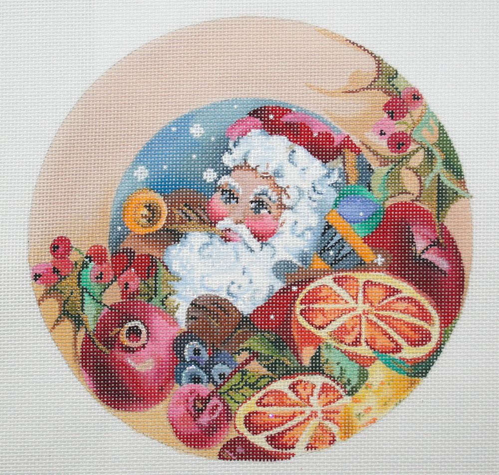 Joy Juarez Santa Blowing a Trumpet with Fruit Needlepoint Canvas