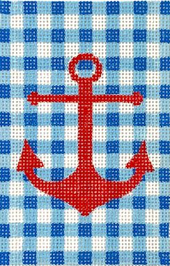 Kate Dickerson Needlepoint Collections Passport Cover Insert Red Anchor on Blue Gingham Needlepoint Canvas